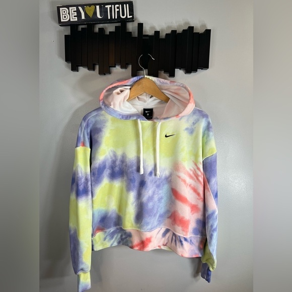 Nike Women’s Tie-Dye Crop Hoodie Pullover Sweatshirt Multicolor Pastel Logo Sz S - Picture 2 of 11